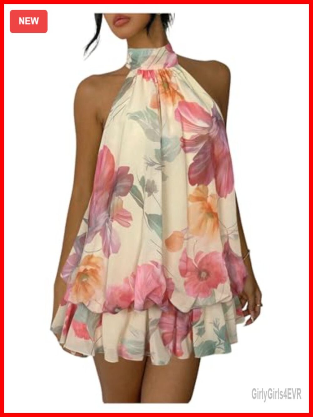 Women's Floral Halter Mini Dress Ruffle Drop Waist Vacation